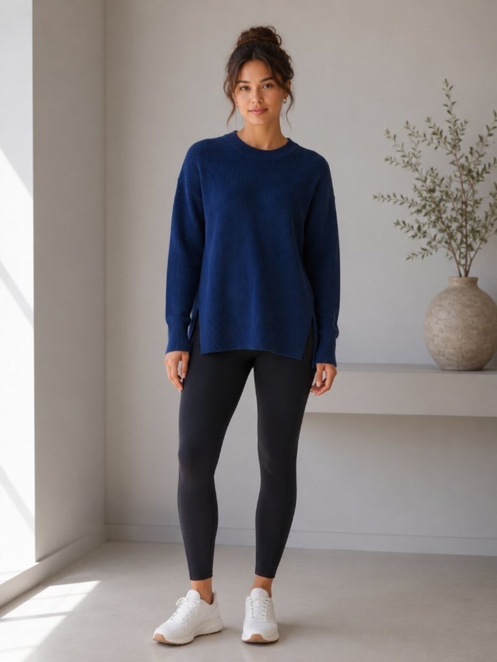 Lululemon Navy Ribbed Crewneck Sweater Side Slit Relaxed Fit Size 6 0572